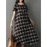 Short Sleeve Plaid Stripe Patchwork Irregular Hem Dress