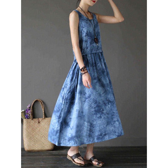 Sleeveless Printed Gradient Color O-Neck Dress