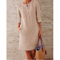 Solid Color Button Crew Neck Long Sleeve Dress With Pockets