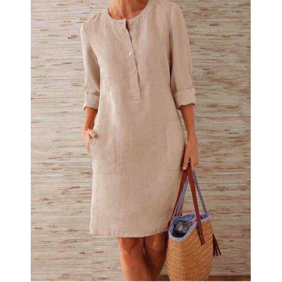 Solid Color Button Crew Neck Long Sleeve Dress With Pockets