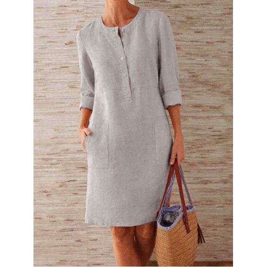 Solid Color Button Crew Neck Long Sleeve Dress With Pockets