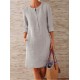 Solid Color Button Crew Neck Long Sleeve Dress With Pockets