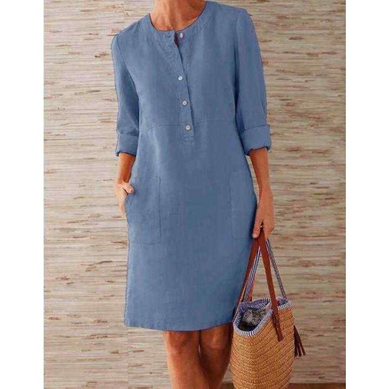 Solid Color Button Crew Neck Long Sleeve Dress With Pockets