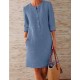 Solid Color Button Crew Neck Long Sleeve Dress With Pockets