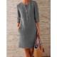 Solid Color Button Crew Neck Long Sleeve Dress With Pockets