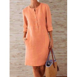 Solid Color Button Crew Neck Long Sleeve Dress With Pockets