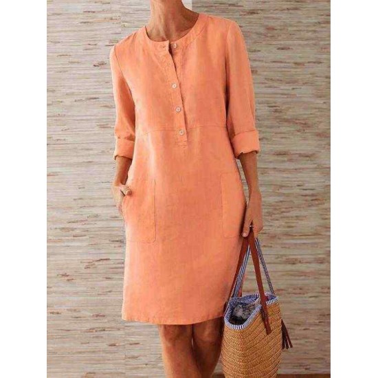 Solid Color Button Crew Neck Long Sleeve Dress With Pockets