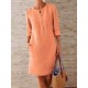 Solid Color Button Crew Neck Long Sleeve Dress With Pockets