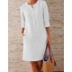 Solid Color Button Crew Neck Long Sleeve Dress With Pockets