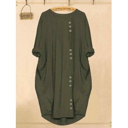 Solid Color Button Irregular Casual Dress with Pockets