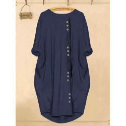 Solid Color Button Irregular Casual Dress with Pockets