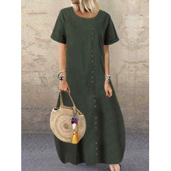 Solid Color Button Short Sleeve Casual Plus Size Dress