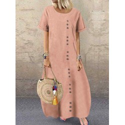Solid Color Button Short Sleeve Casual Plus Size Dress