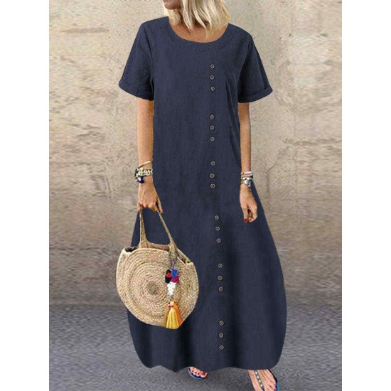 Solid Color Button Short Sleeve Casual Plus Size Dress