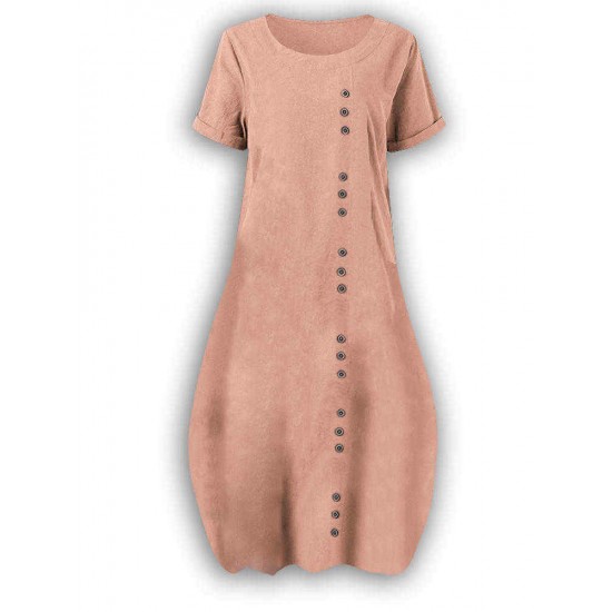 Solid Color Button Short Sleeve Casual Plus Size Dress