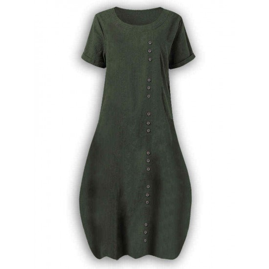 Solid Color Button Short Sleeve Casual Plus Size Dress