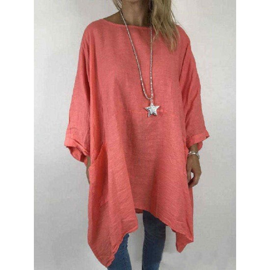 Solid Color Irregular Hem Crew Neck Casual Dress