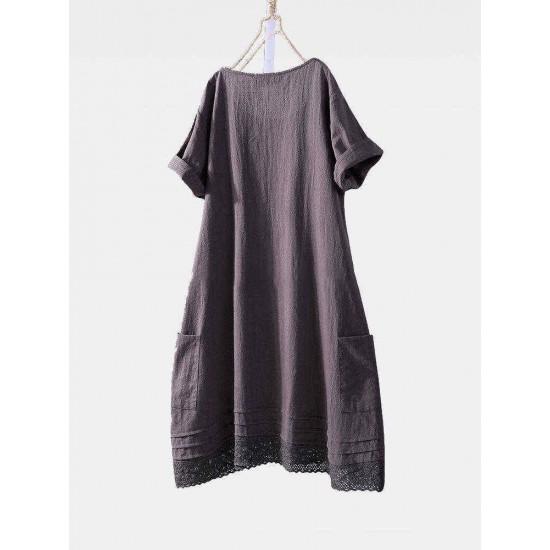 Solid Color Lace Pocket A-line Casual Dress