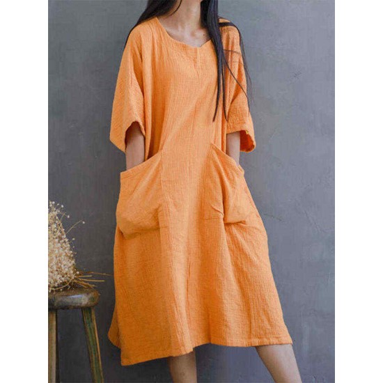 Solid Color Loose Summer Dress with Pockets