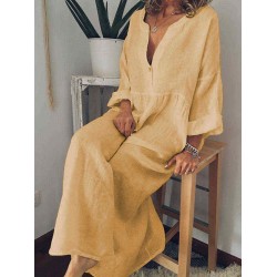 Solid Color V-neck Loose Long Sleeve Plus Size Maxi Dress