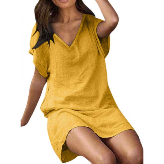 Solid Color V-neck Short Sleeve Dress for Women