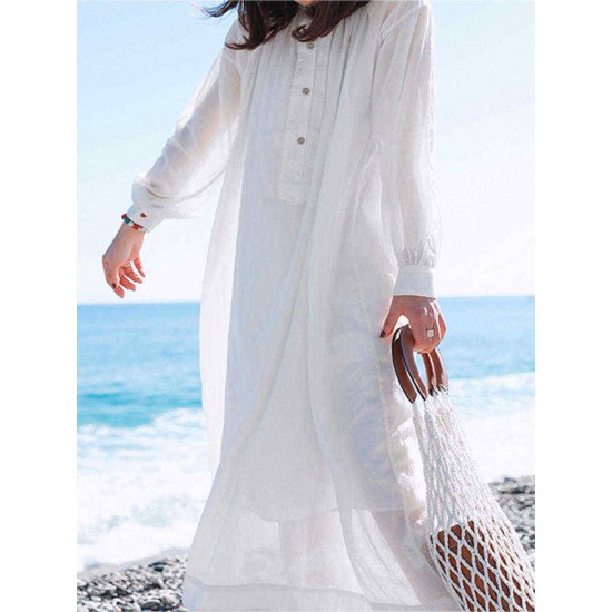 Solid color Holiday Long Sleeve Casual Dress with Button