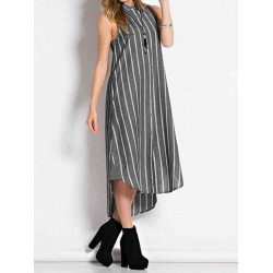 Stripe Lapel Sleeveless Button Down Front Women Dress with Pockets