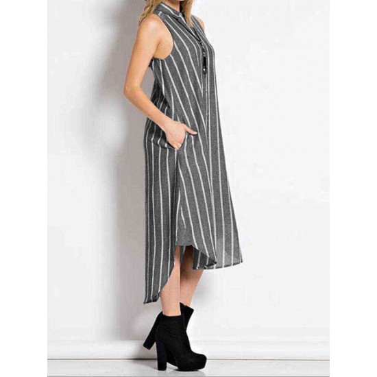 Stripe Lapel Sleeveless Button Down Front Women Dress with Pockets