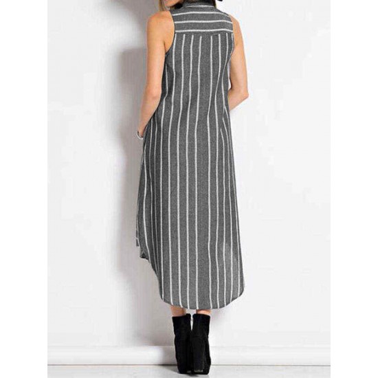 Stripe Lapel Sleeveless Button Down Front Women Dress with Pockets