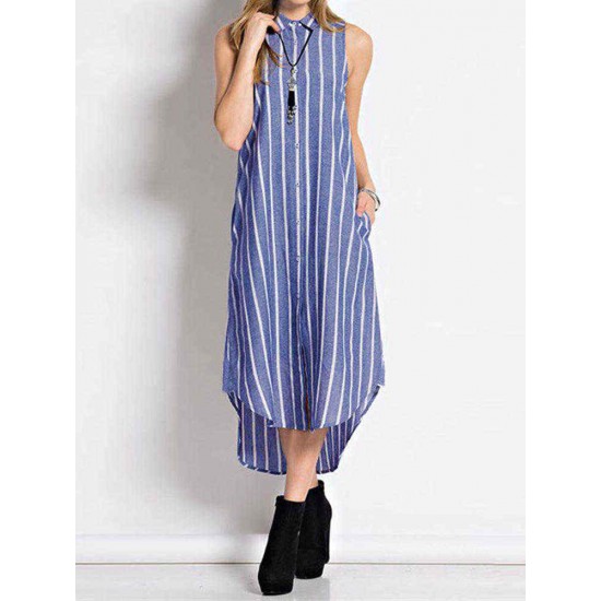 Stripe Lapel Sleeveless Button Down Front Women Dress with Pockets