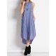 Stripe Lapel Sleeveless Button Down Front Women Dress with Pockets