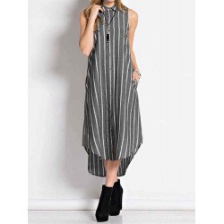 Stripe Lapel Sleeveless Button Down Front Women Dress with Pockets