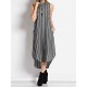 Stripe Lapel Sleeveless Button Down Front Women Dress with Pockets