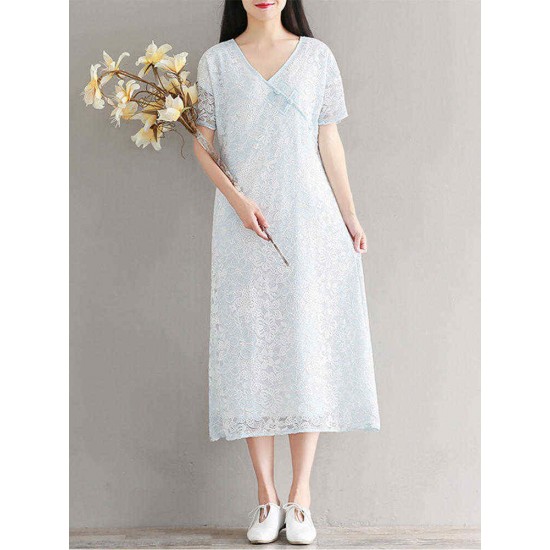 Summer Women Traditional Dress Short Sleeve Plate Buckle Pullover Dress