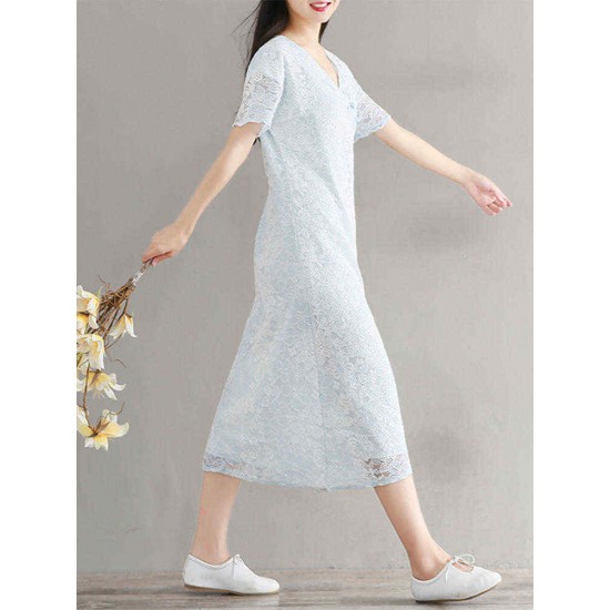 Summer Women Traditional Dress Short Sleeve Plate Buckle Pullover Dress