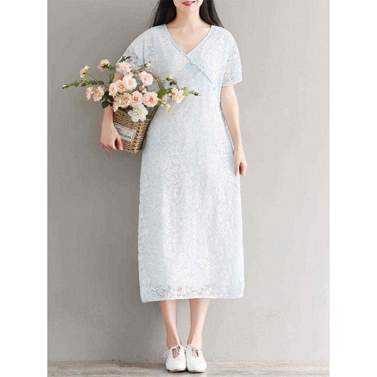 Summer Women Traditional Dress Short Sleeve Plate Buckle Pullover Dress