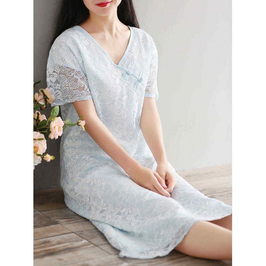 Summer Women Traditional Dress Short Sleeve Plate Buckle Pullover Dress