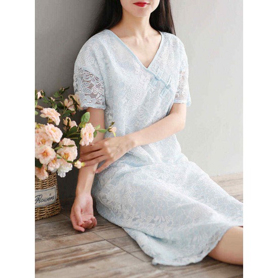 Summer Women Traditional Dress Short Sleeve Plate Buckle Pullover Dress