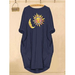 Sun Moon Cartoon Print Casual Women Dress with Pockets