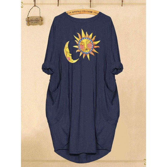 Sun Moon Cartoon Print Casual Women Dress with Pockets