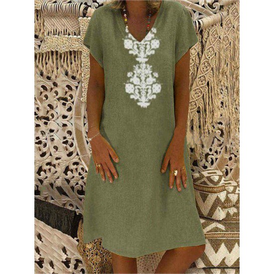 V-neck Bohemian Print Short Sleeve Women Casual Dress