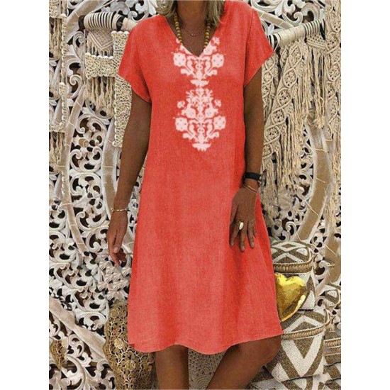 V-neck Bohemian Print Short Sleeve Women Casual Dress