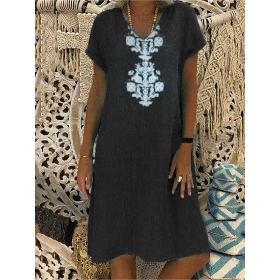 V-neck Bohemian Print Short Sleeve Women Casual Dress