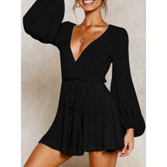 V-neck Lantern Sleeve Lace-up Dress