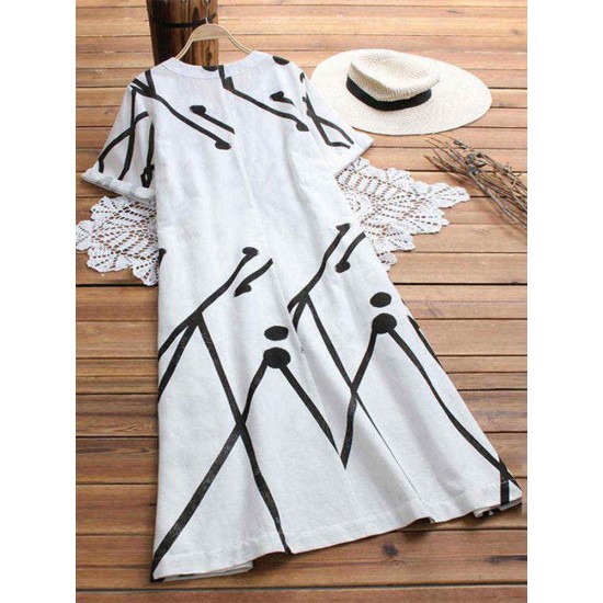 V-neck Printed Short Sleeve Wowen Casual Dress