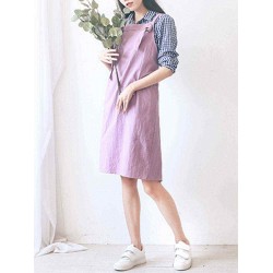 Vintage Cotton Linen Japanese Style Pure Color Aprons Dress with Pockets