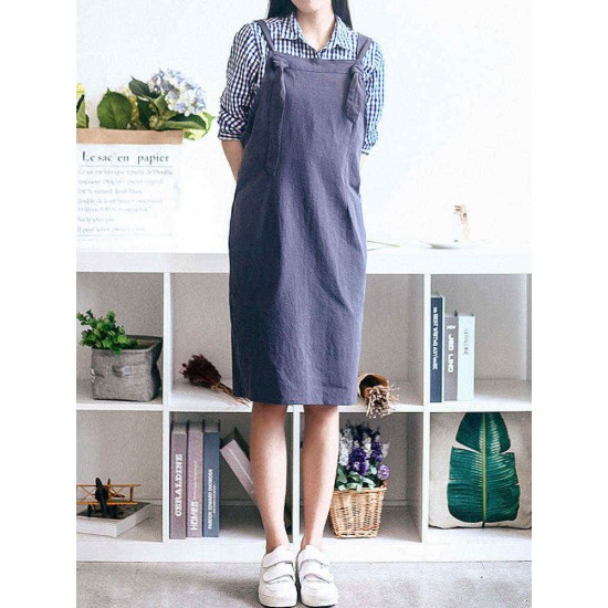 Vintage Cotton Linen Japanese Style Pure Color Aprons Dress with Pockets Vintage Cotton Linen Japanese Style Pure Color Aprons Dress with Pockets
