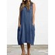 Vintage Crew Neck Sleeveless Pockets Baggy Women Dress