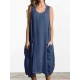 Vintage Crew Neck Sleeveless Pockets Baggy Women Dress