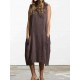 Vintage Crew Neck Sleeveless Pockets Baggy Women Dress